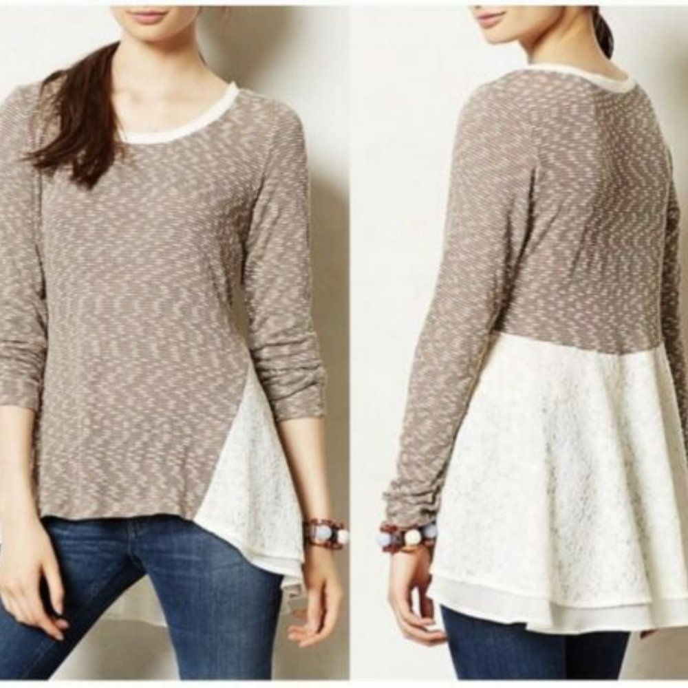 Anthropologie Clu and Willoughby Brown Stripe Lace Chiffon Tunic